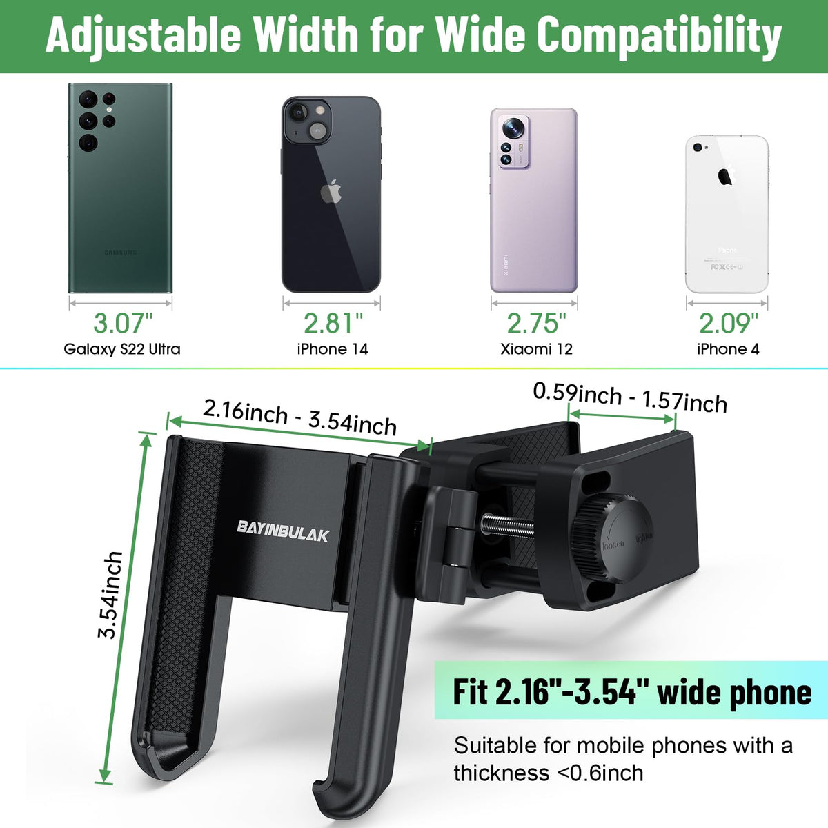 Adjustable width fits phones 50–90 mm securely