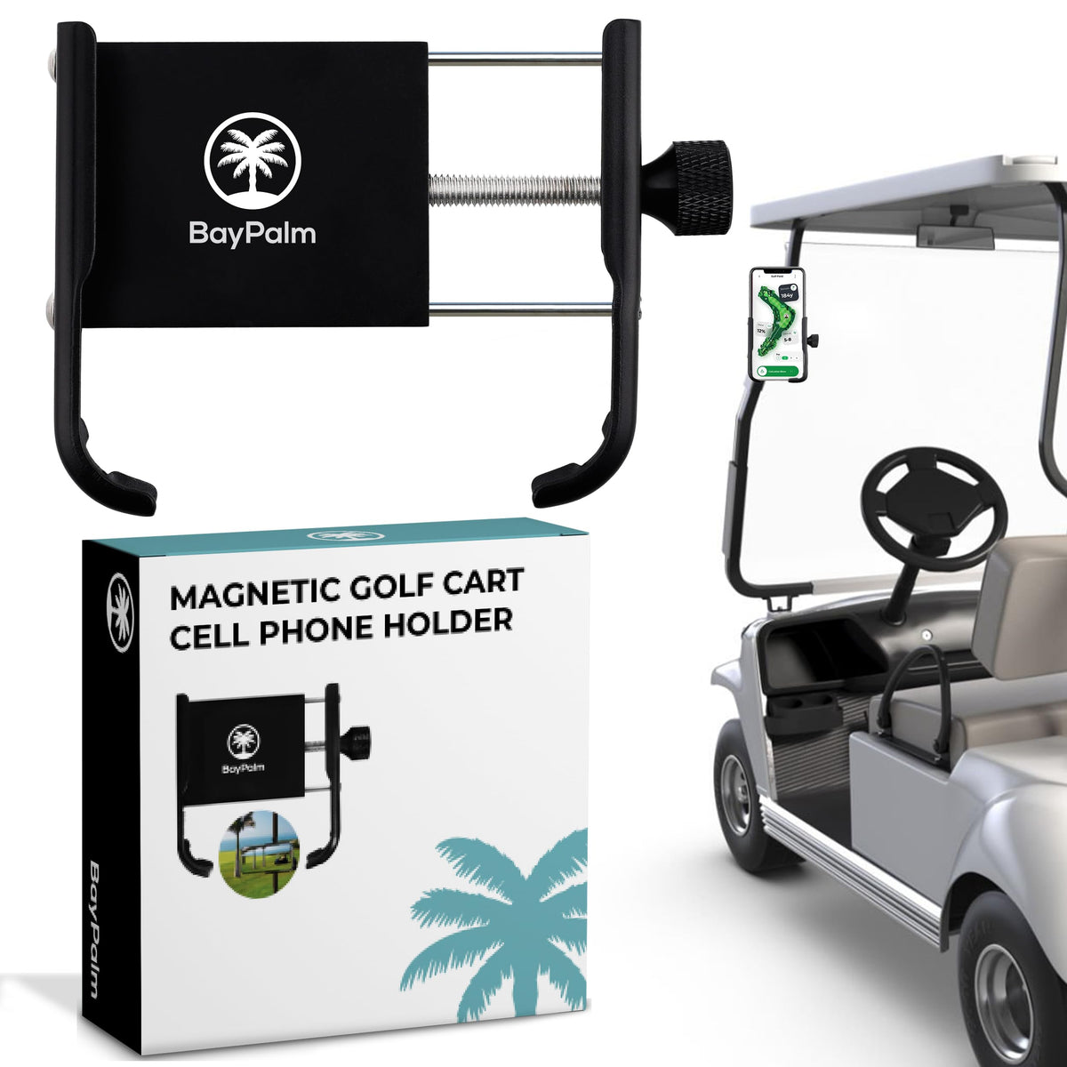 BayPalm magnetic golf cart phone holder demonstrates a secure mount for steady swing videos.