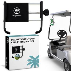 BayPalm magnetic golf cart phone holder demonstrates a secure mount for steady swing videos.