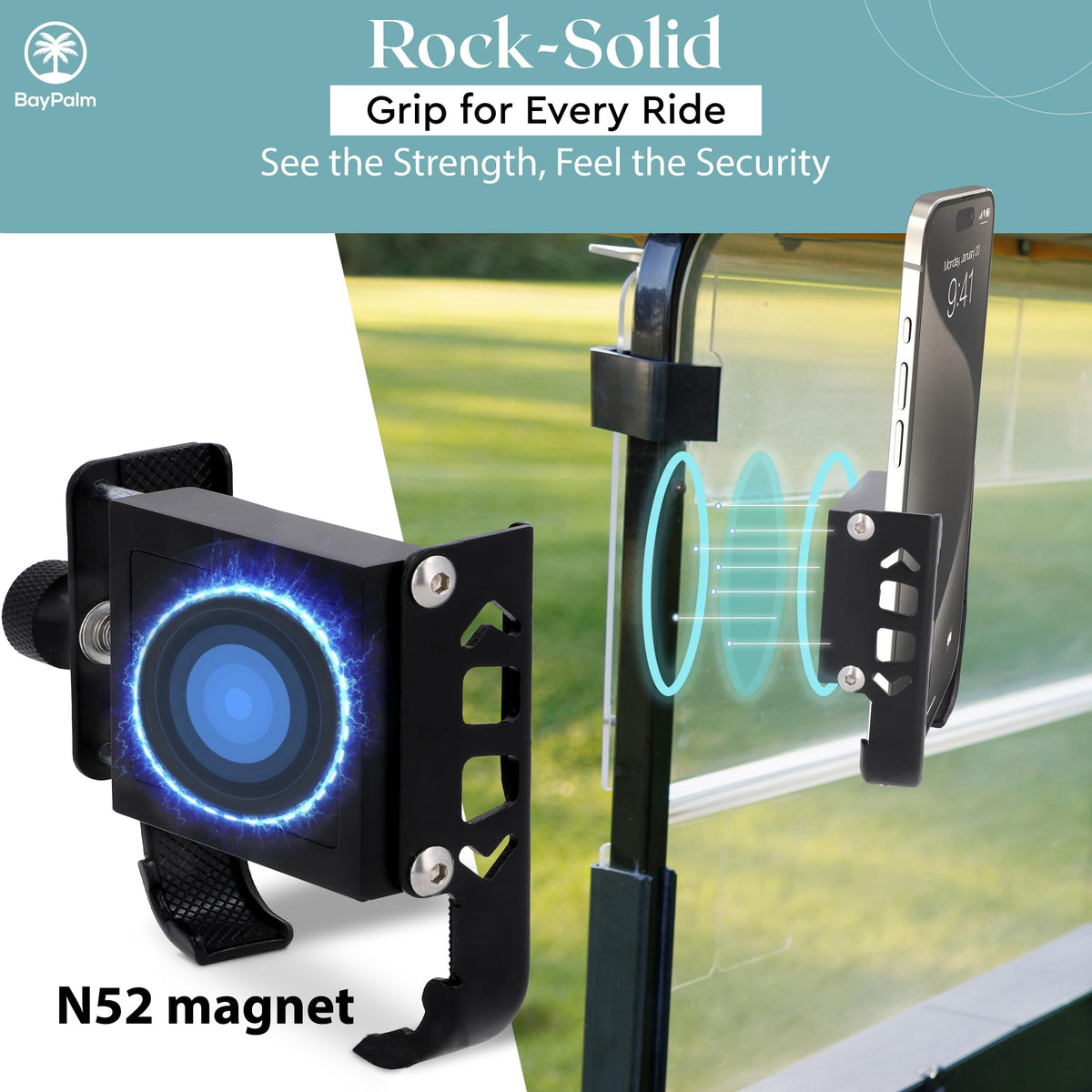 BayPalm phone holder on golf cart supports portrait and landscape modes for flexible capture.