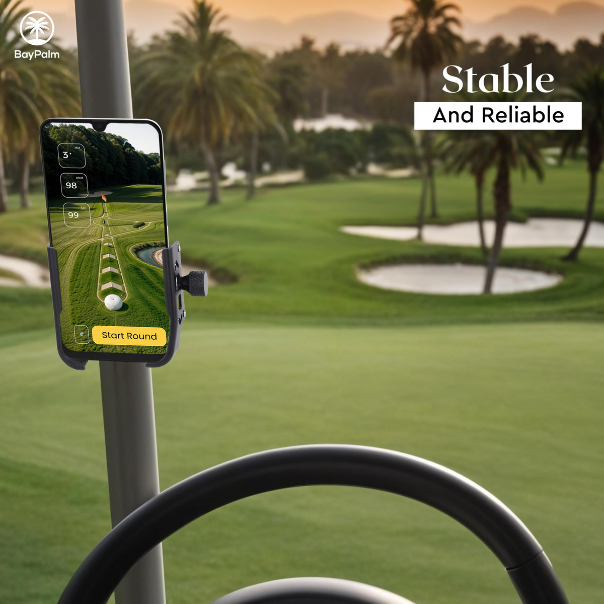 BayPalm smartphone compatible golf cart caddy fits a wide range of devices securely.