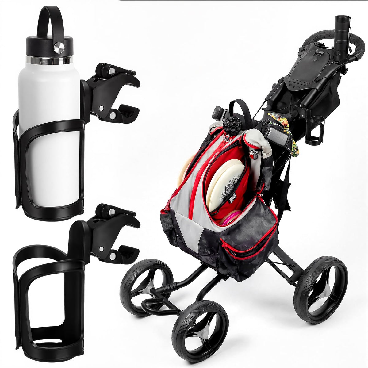 BBTO disc golf cart cup holder clip-on keeps drinks within reach on the course.