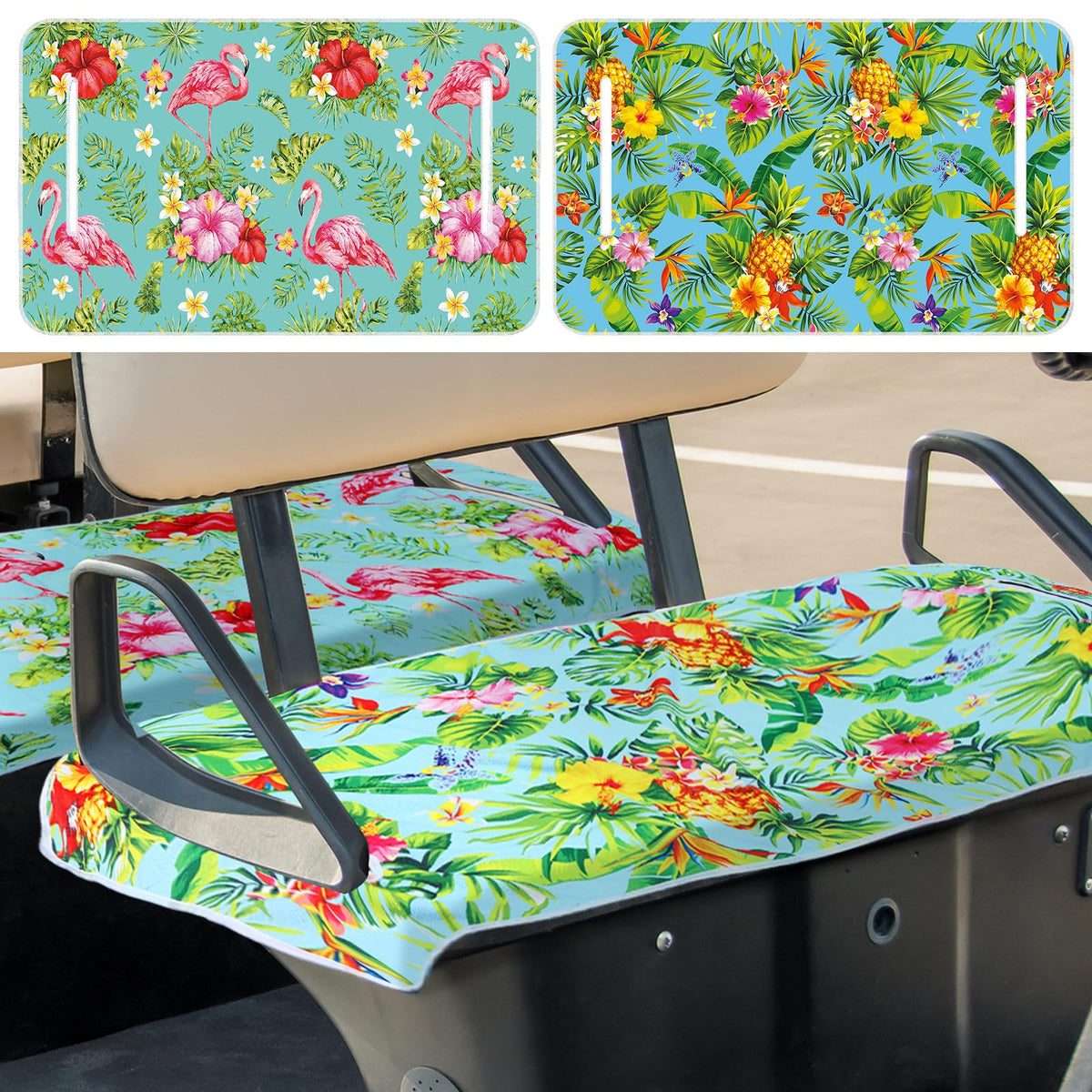 BBTO golf cart seat cover tropical design with pineapple and flamingo adds vibrant style.