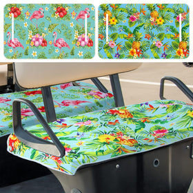 BBTO golf cart seat cover tropical design with pineapple and flamingo adds vibrant style.