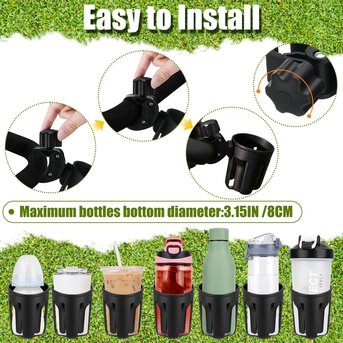 BBTO universal cup holder fits most carts for convenient drinks access