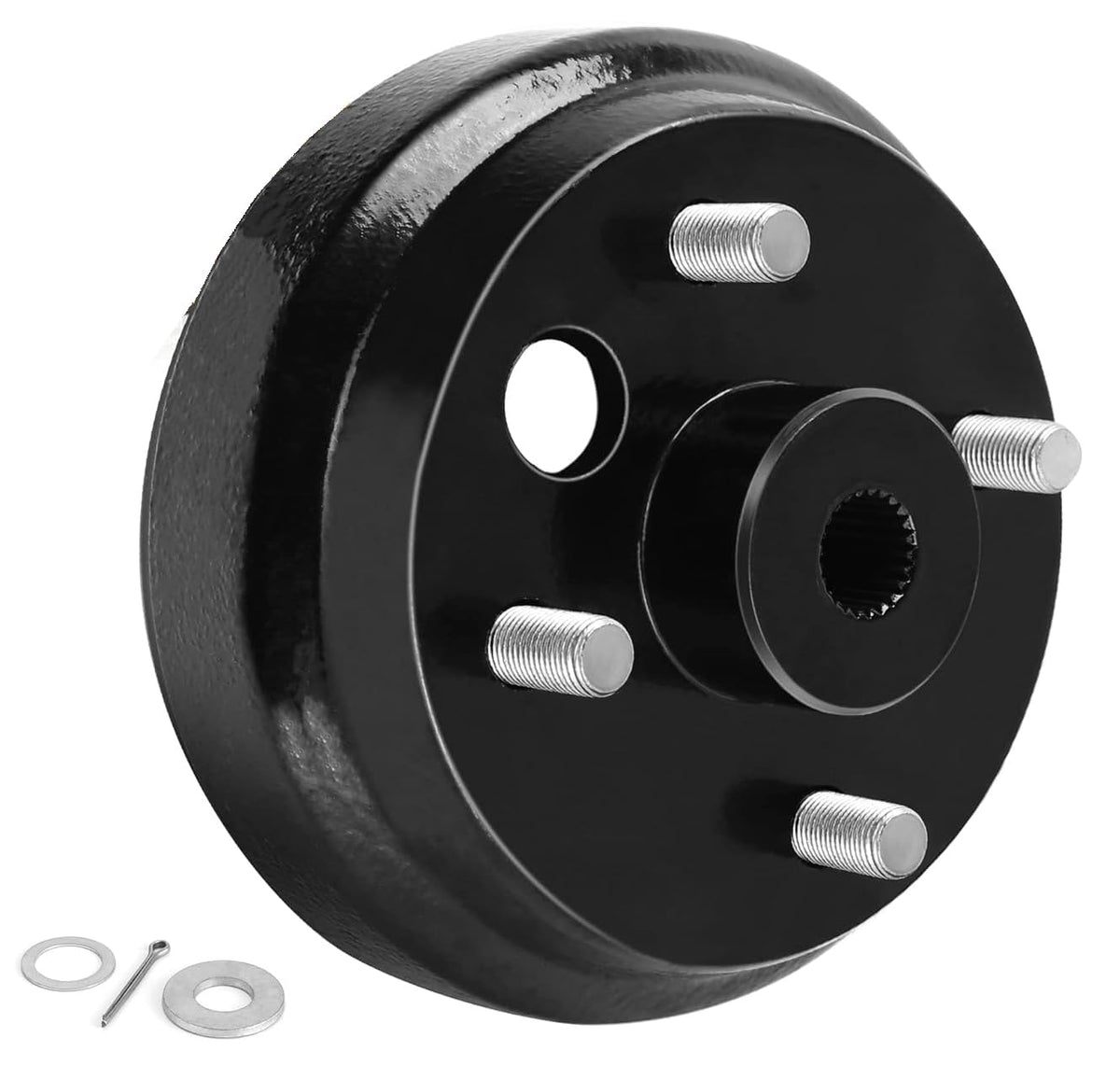 BeAcc hub drum assembly with castellated nut and washer for secure installation.