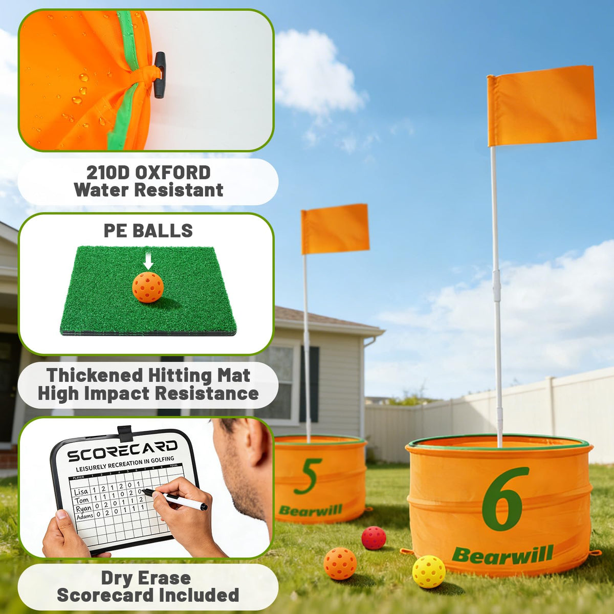 Bearwill full set includes six holes, flags, balls, markers, stakes, scoreboard, and mat.