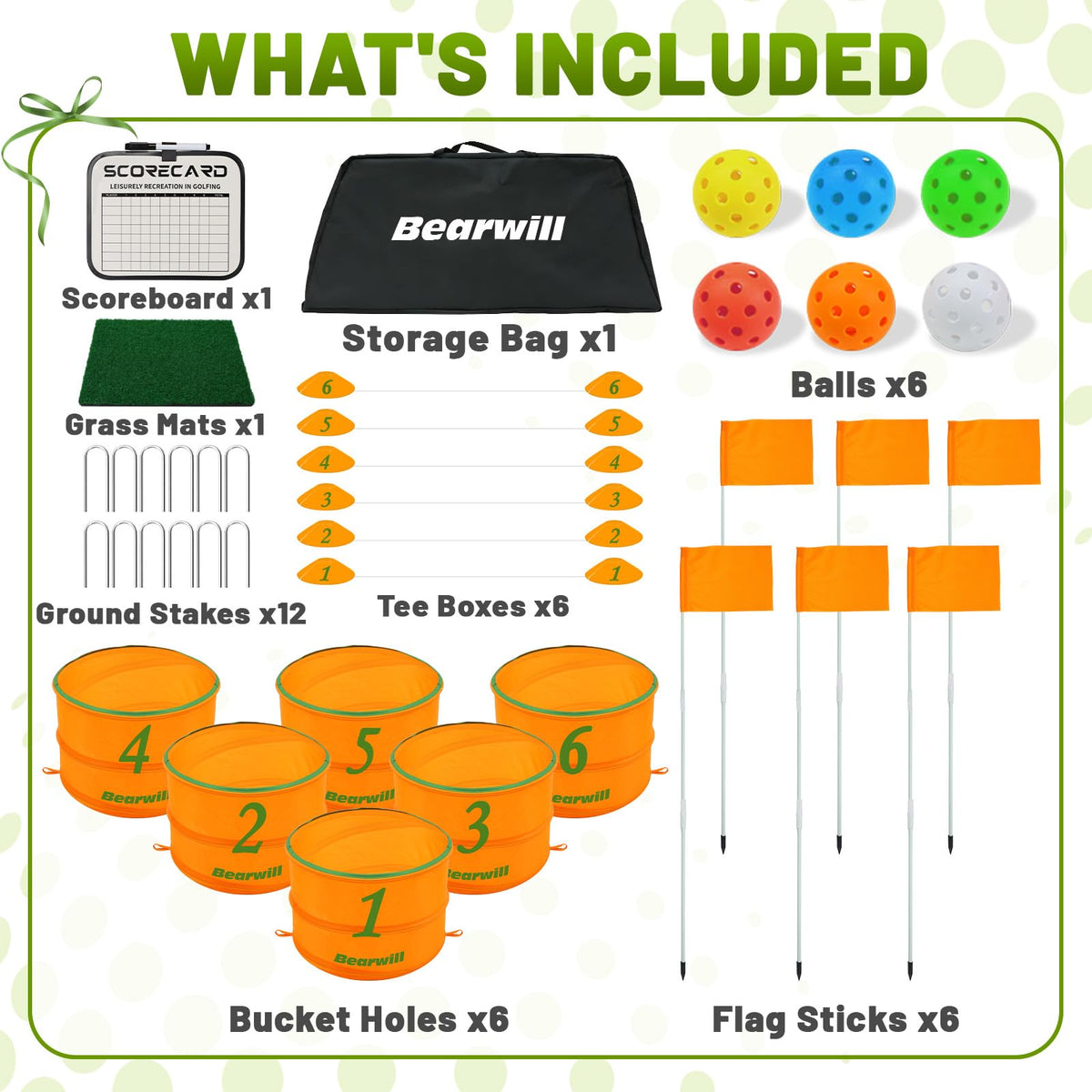 Bearwill included balls, tee markers, and stakes for instant play in any location.
