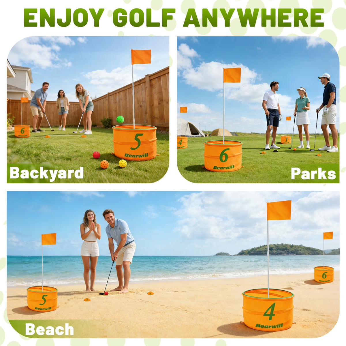 Bearwill pop-up holes and tees enable quick backyard setups.
