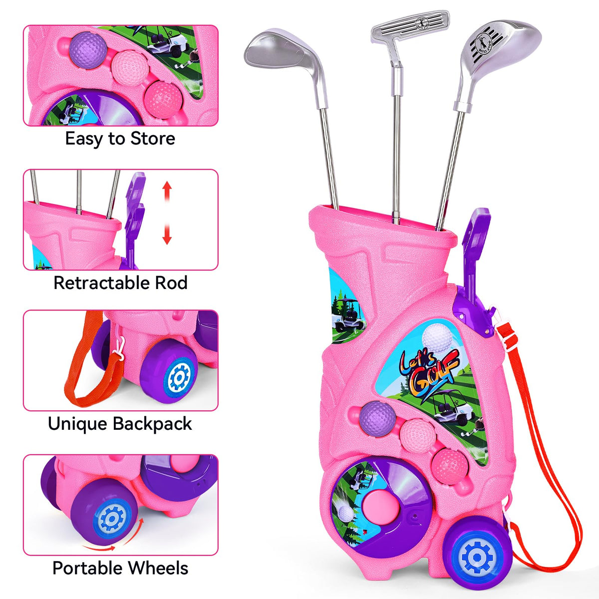Beautiq toddler golf set cart shows retractable handle for easy transport