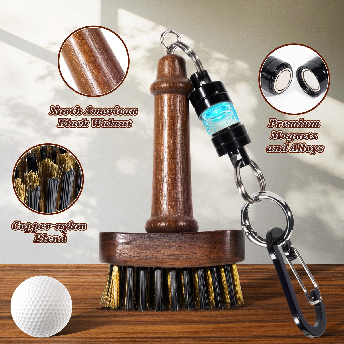 Belongtous Walnut Mini Golf Brush magnetic lanyard keeps it handy mid-round