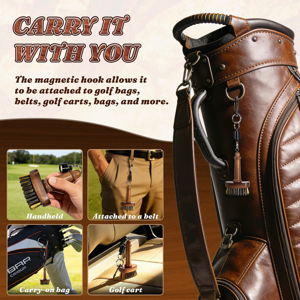 Belongtous Walnut Mini Golf Brush multi-use design cleans irons, woods, shoes