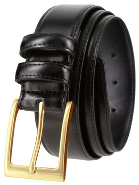 Belts.com men's classic leather belt with a smooth finish and gold buckle, ideal for daily wear.