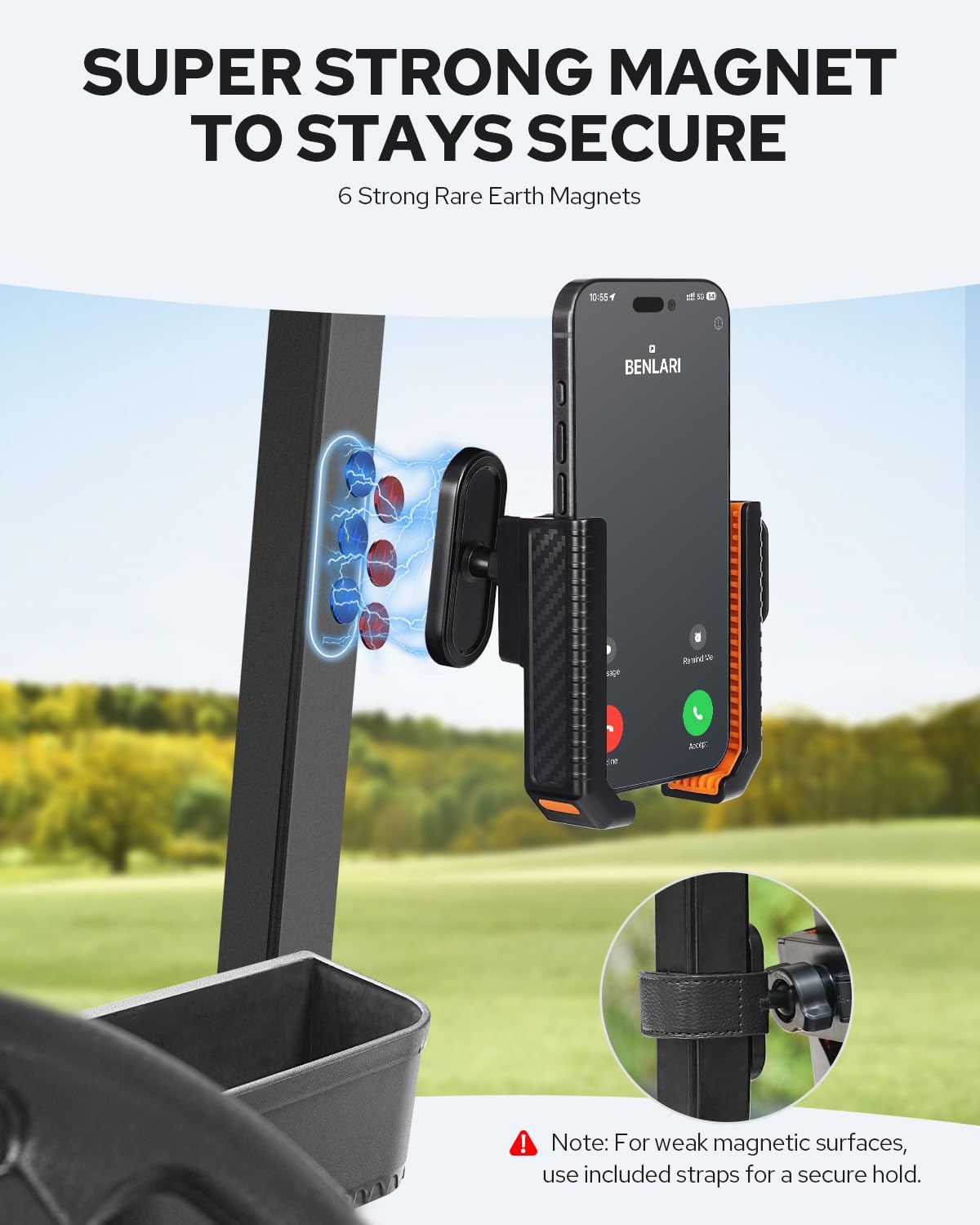 Benlari golf cart phone holder with 360-degree rotation for flexible viewing.