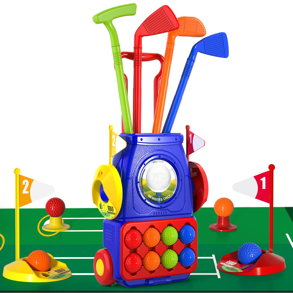 Bennol toddler golf cart with four colorful clubs for indoor and outdoor play.