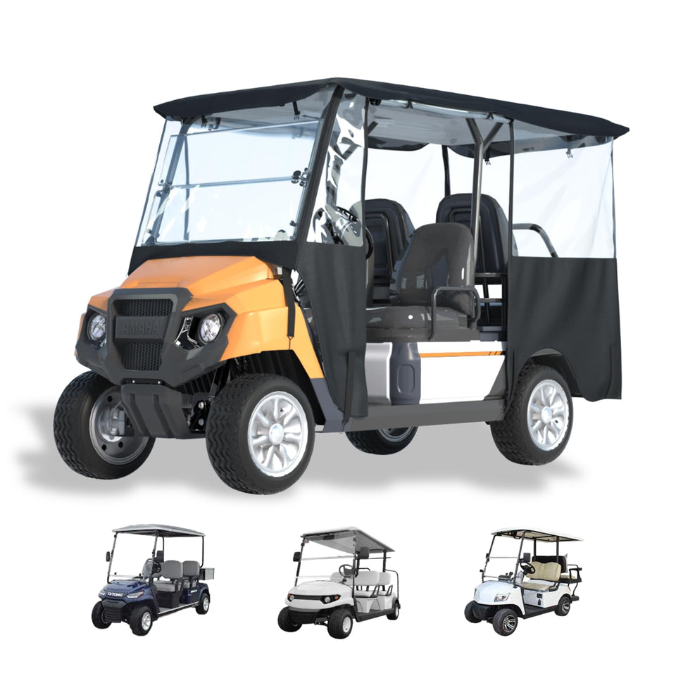 BENVOL golf cart enclosure shows a 78-inch roof fit for four-passenger rides in rain.
