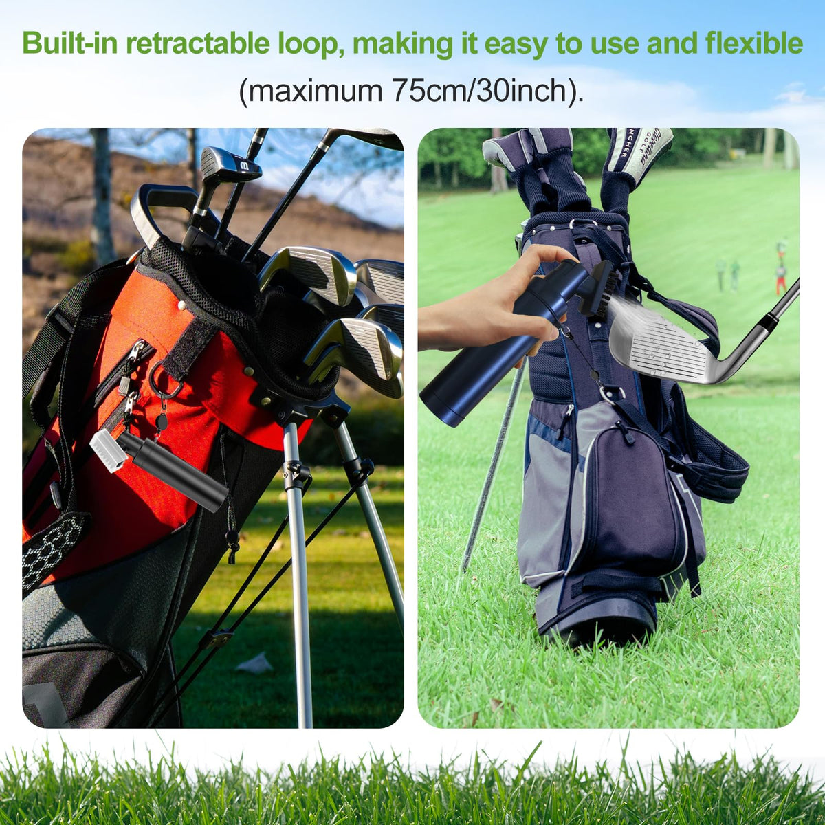 Beruth brush cleans grooves on golf clubs, balls, and shoes between rounds.