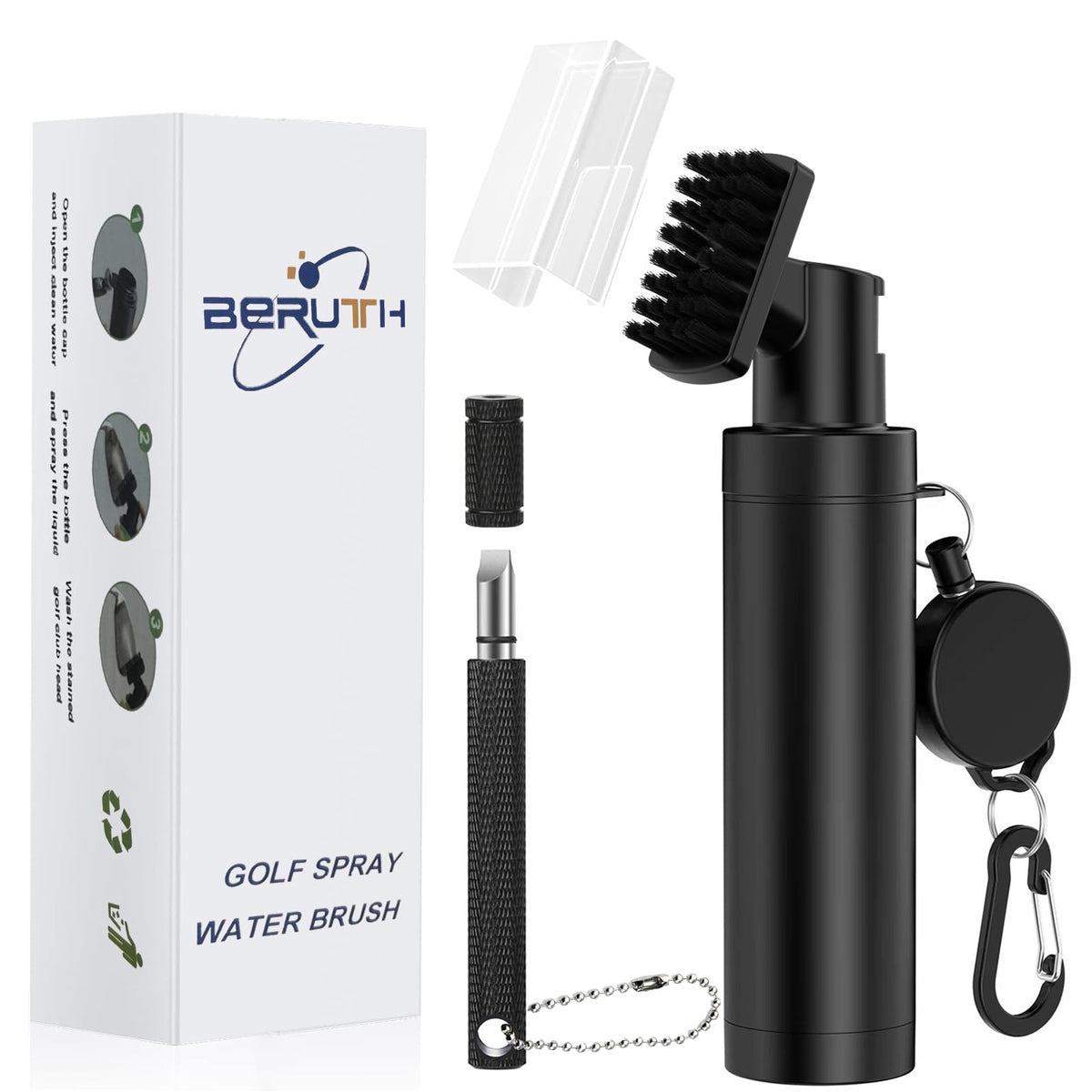 Beruth golf club cleaner brush with carabiner for easy on-the-go cleaning and organization.