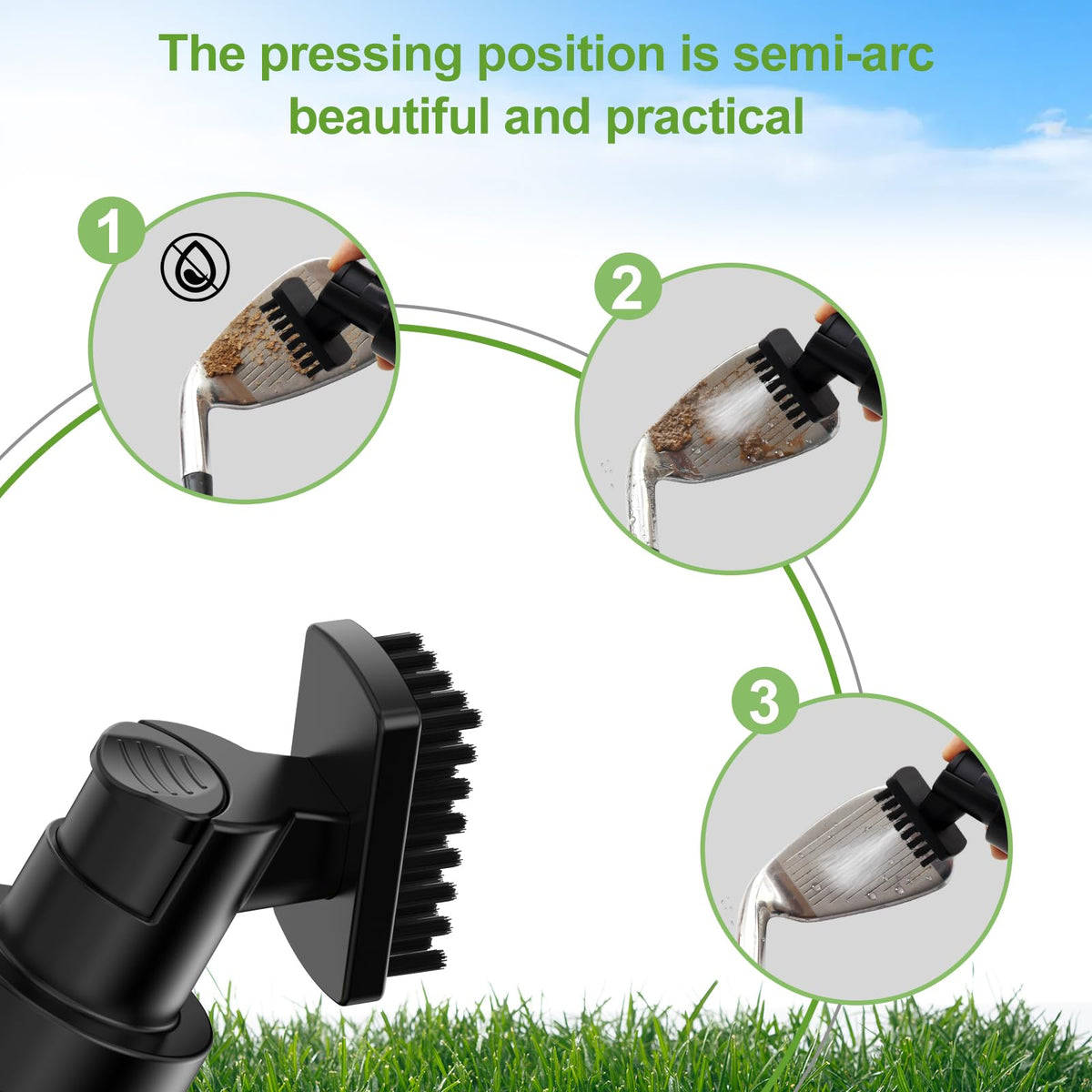 Beruth stiff nylon bristles deliver effective groove cleaning on clubs, balls, and shoes.