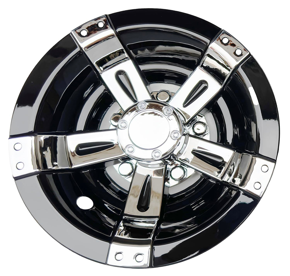Chrome finish wheel covers with black accents for a premium cart look.