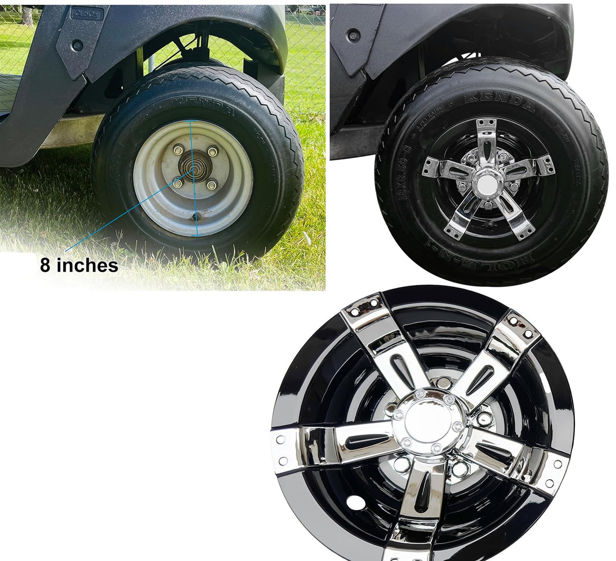 BestAccess 8-inch wheel caps chrome black contrast aesthetic on cart