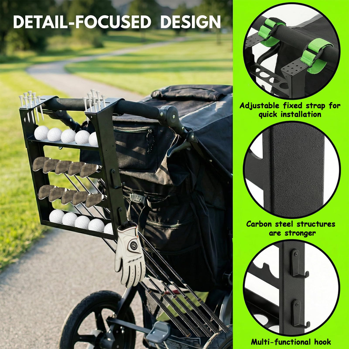 BEUTFQL Golf Rack on stroller offers reliable 12-club capacity for a full set.