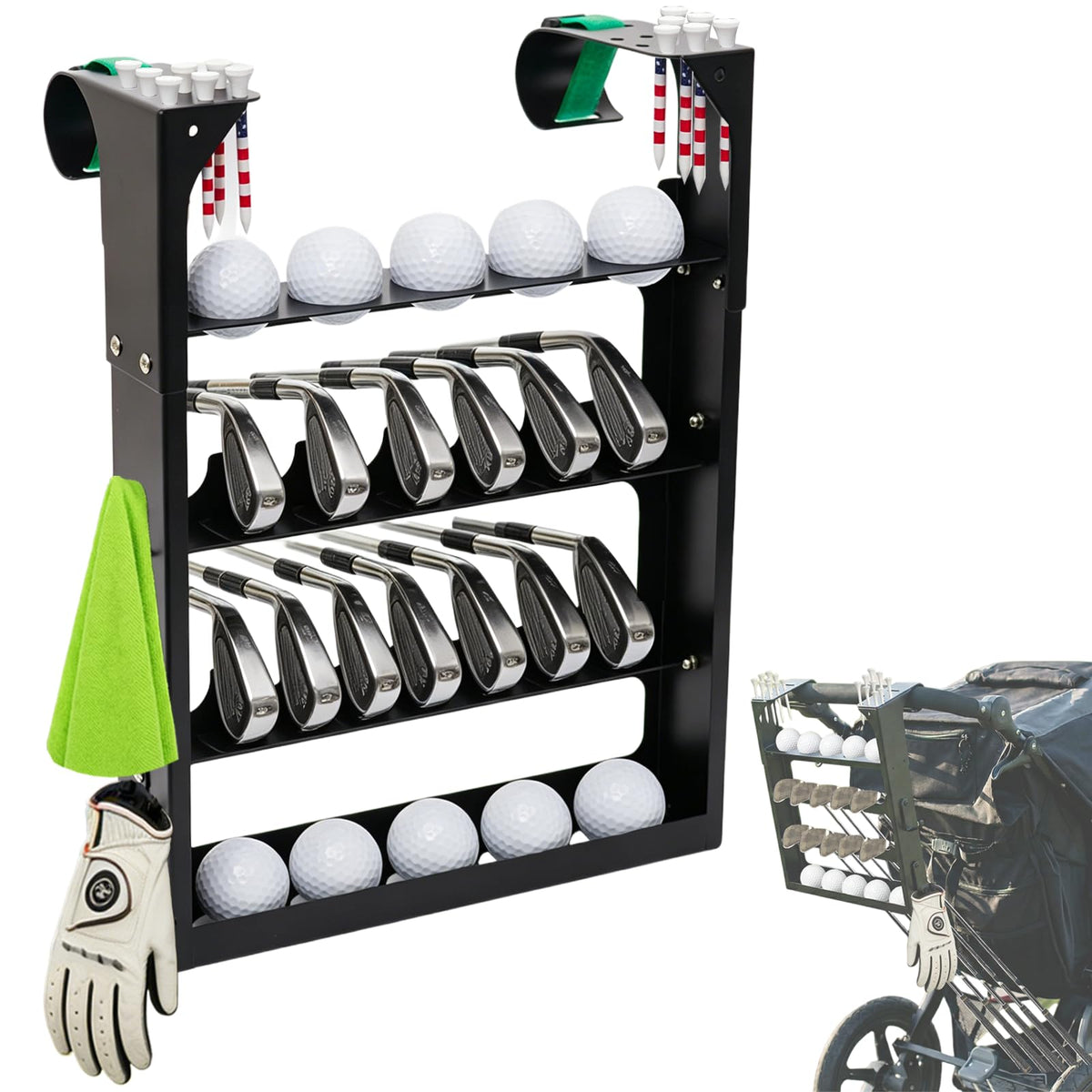 BEUTFQL Golf Stroller Attachment mounted on the handlebar for convenient family outings on the course.