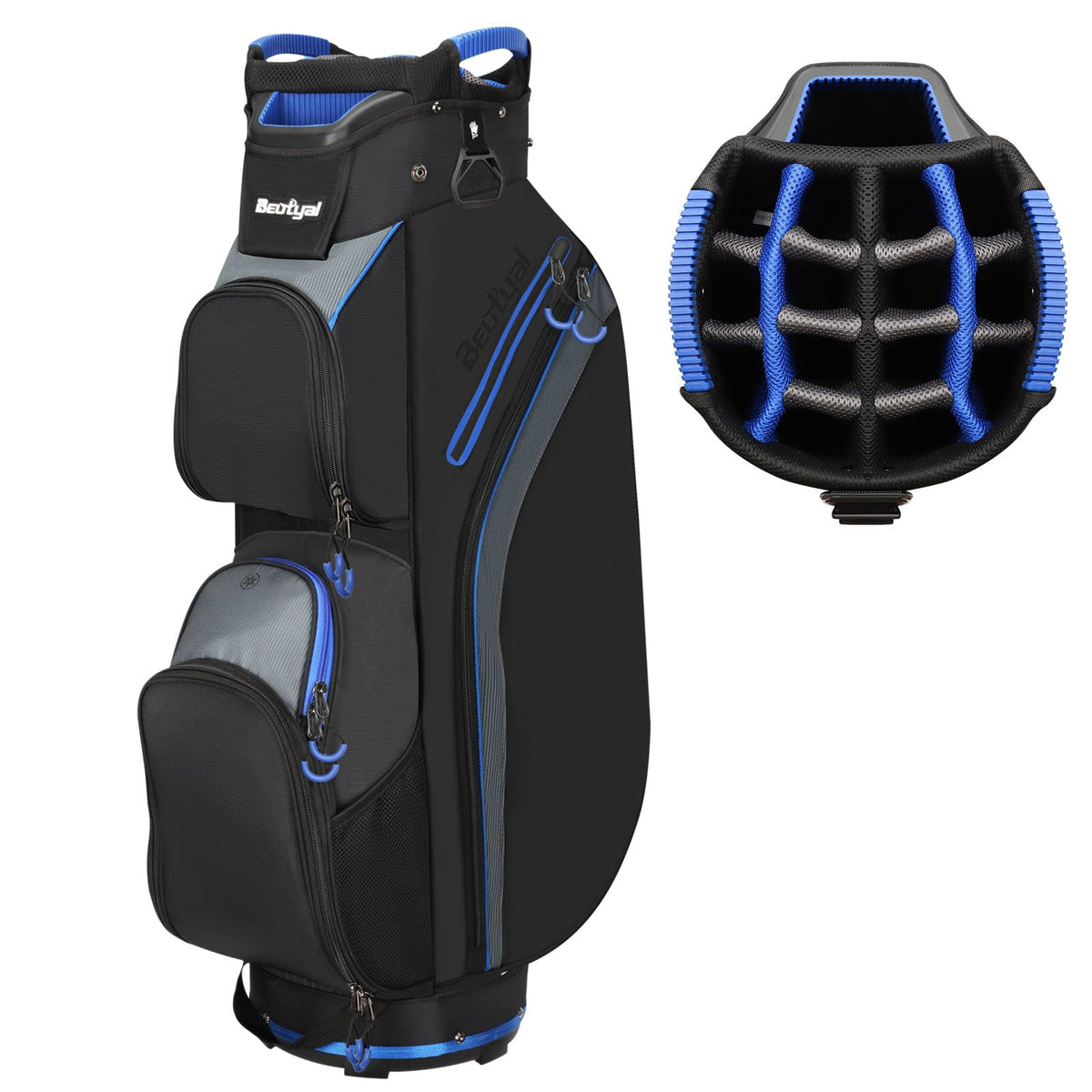 Beutyal cart golf bag with 15-way divider top keeps clubs organized on the course