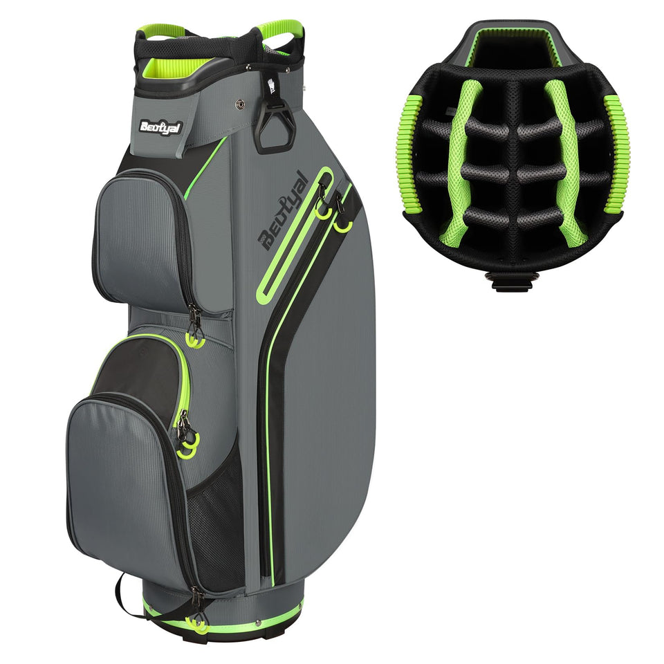Beutyal cart golf bag with 15-way divider keeps clubs organized on the course.