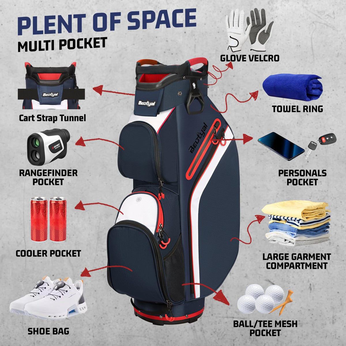 Beutyal cart golf bag insulated cooler secures cold drinks during rounds.