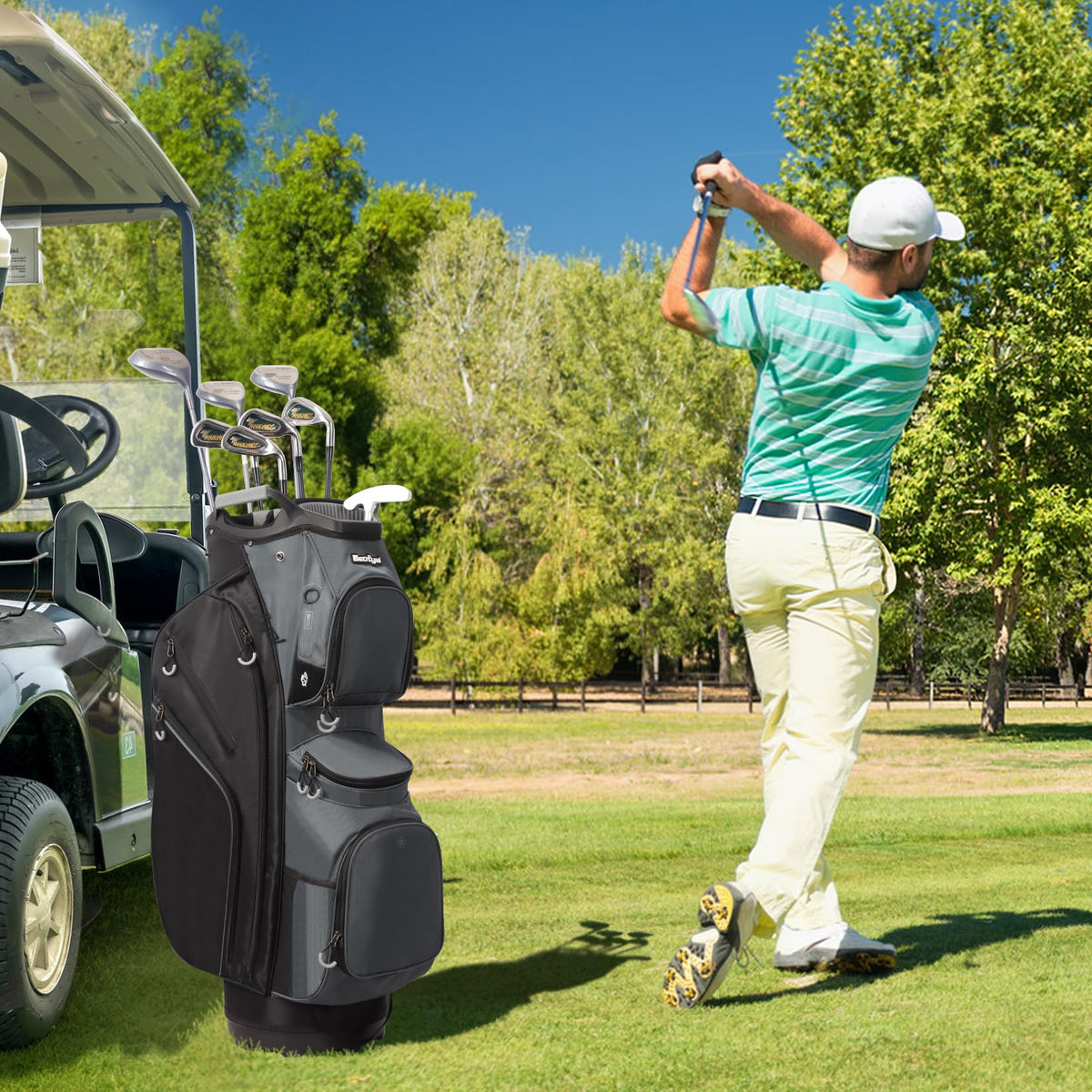Beutyal Cart Golf Bag fits on most carts for convenient rounds.