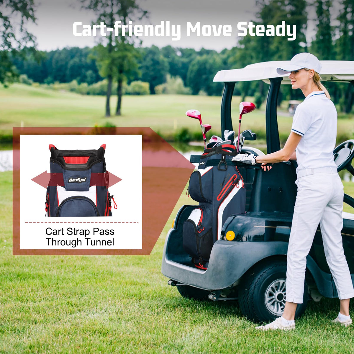 Beutyal cart golf bag padded shoulder strap offers comfortable carrying.
