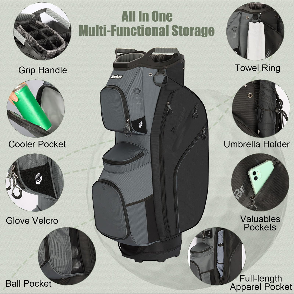 Beutyal Cart Golf Bag rain cover keeps clubs dry in rain.