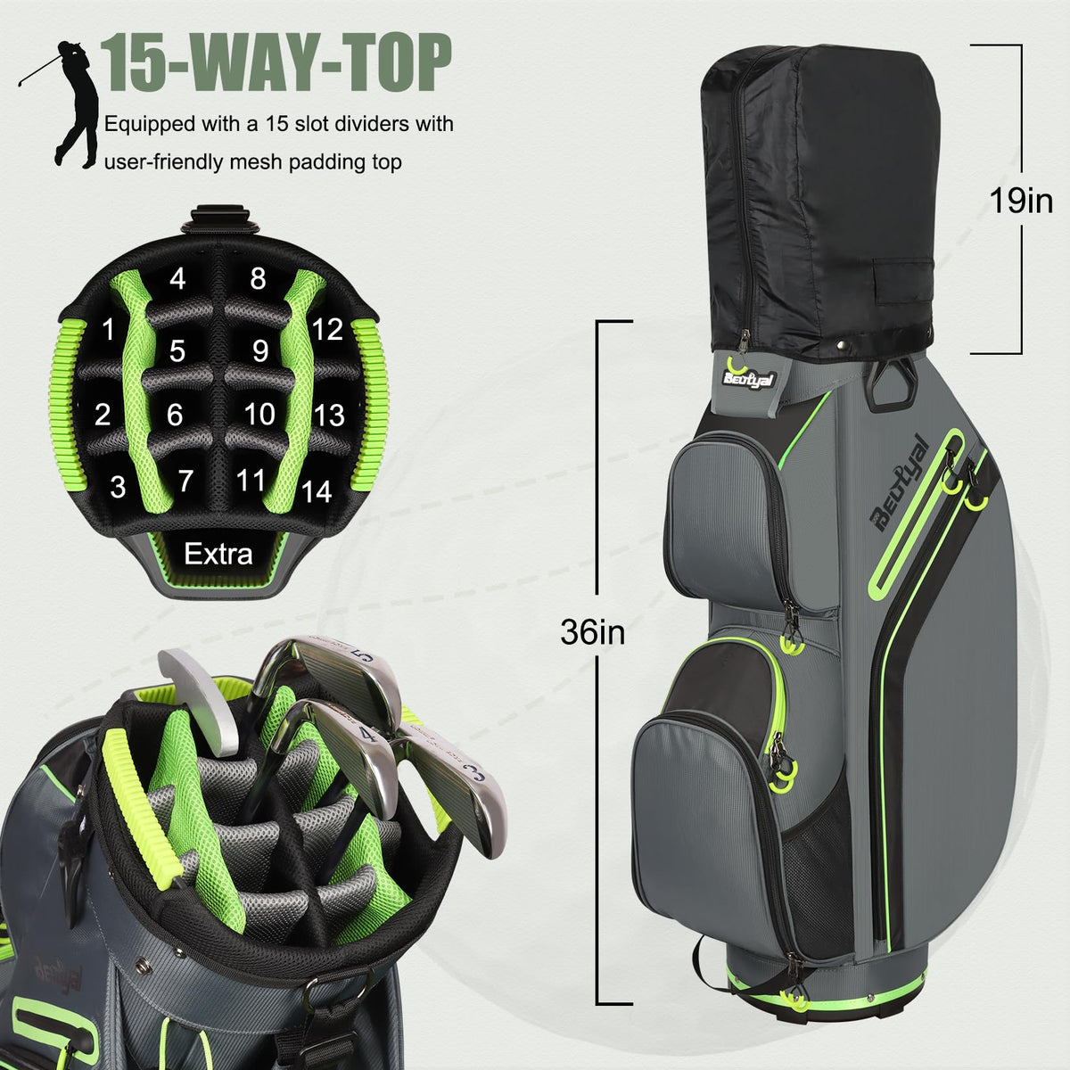 Beutyal rain and dust cover protects clubs from sun and rain.