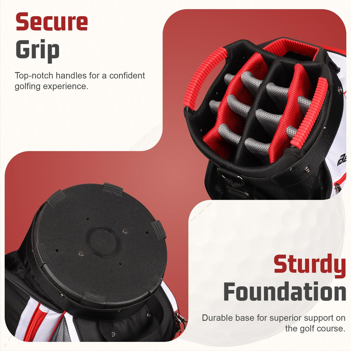 Beutyal cart golf bag standing with a sturdy plastic base for stability