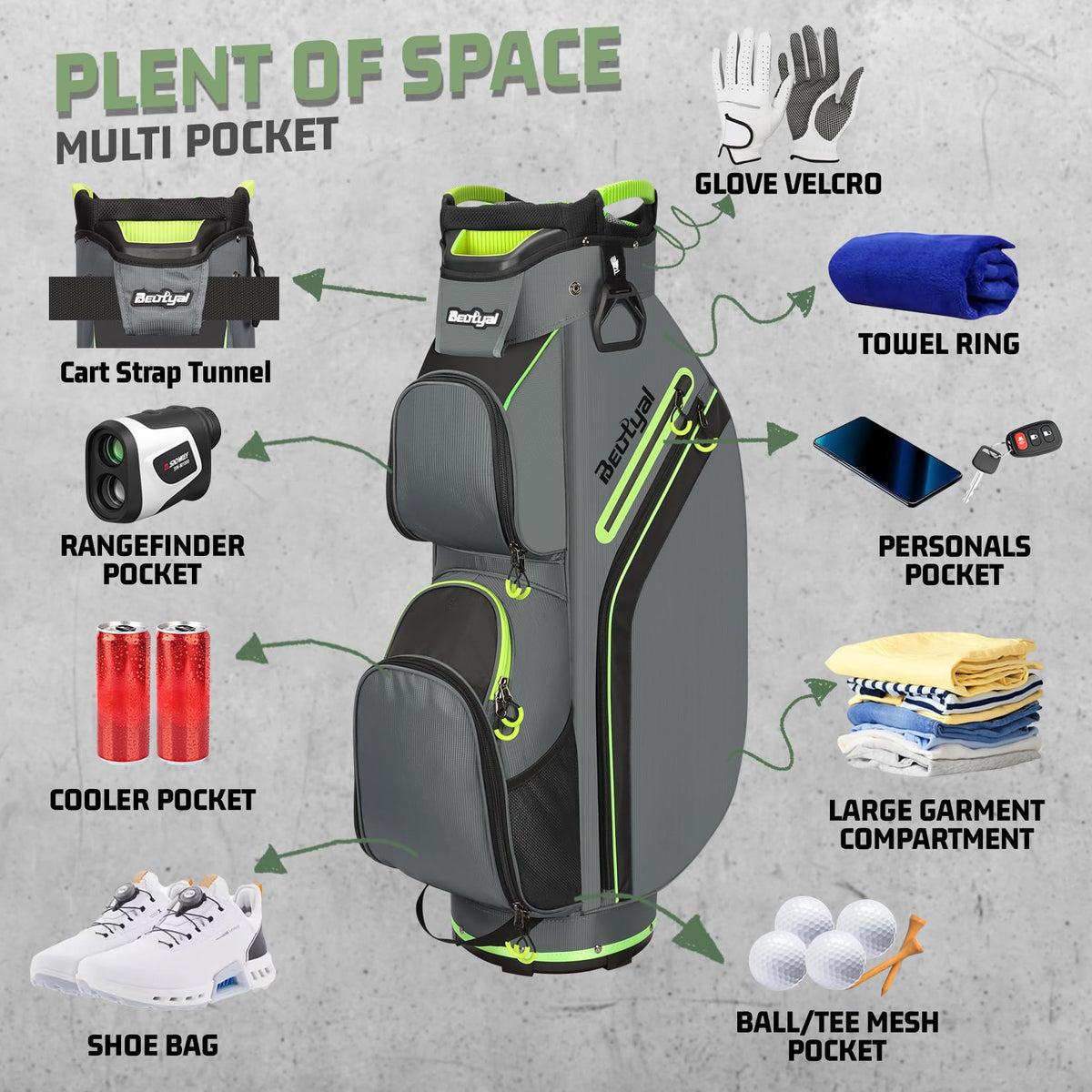 Beutyal cart golf bag top view with two top handles for easy lifting.