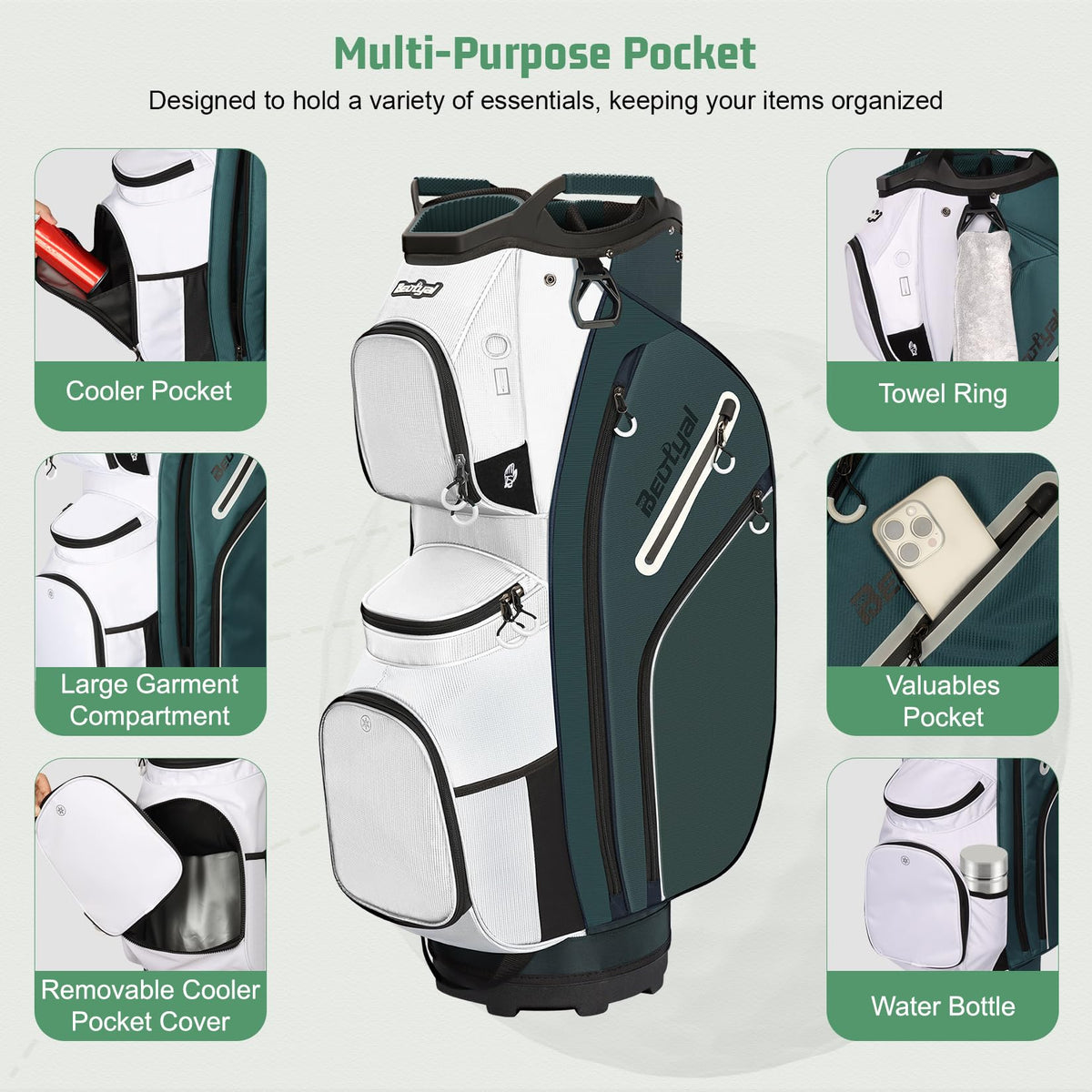 Beutyal golf bag with 11 pockets for gear, tees, and apparel.