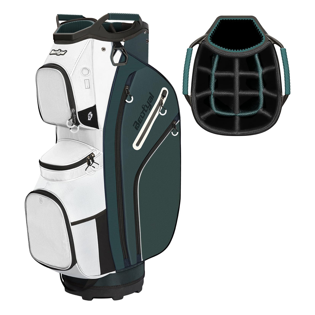 Beutyal golf cart bag with 15-way divider keeps clubs organized with easy access.