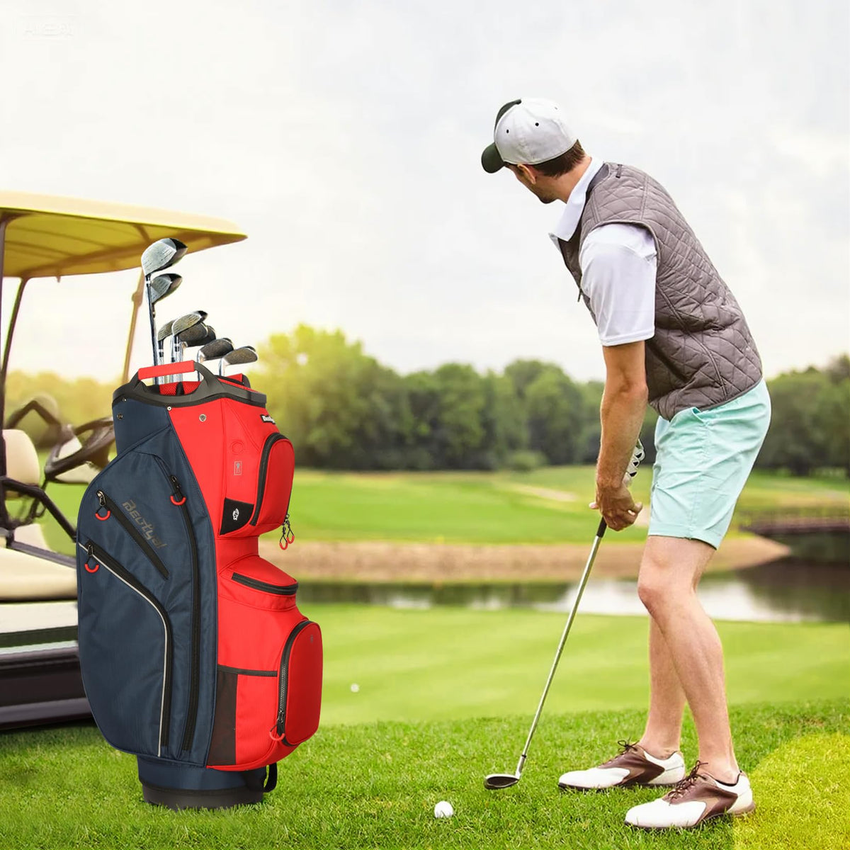 Beutyal Golf Cart Bag fits securely on most carts for quick setup