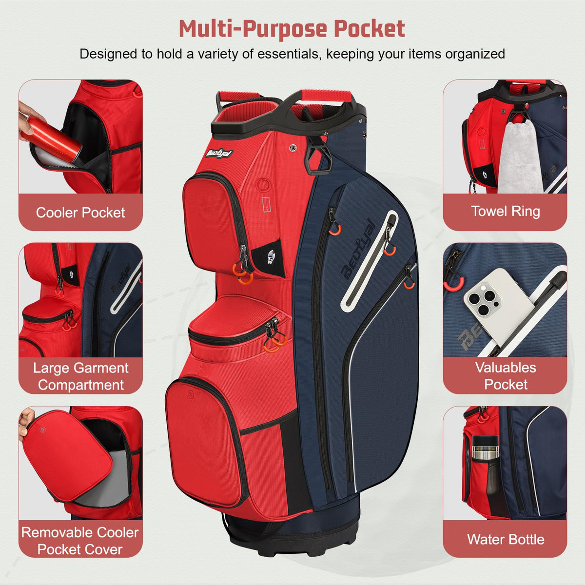 Beutyal Golf Cart Bag featuring a plastic base for stable placement on the cart