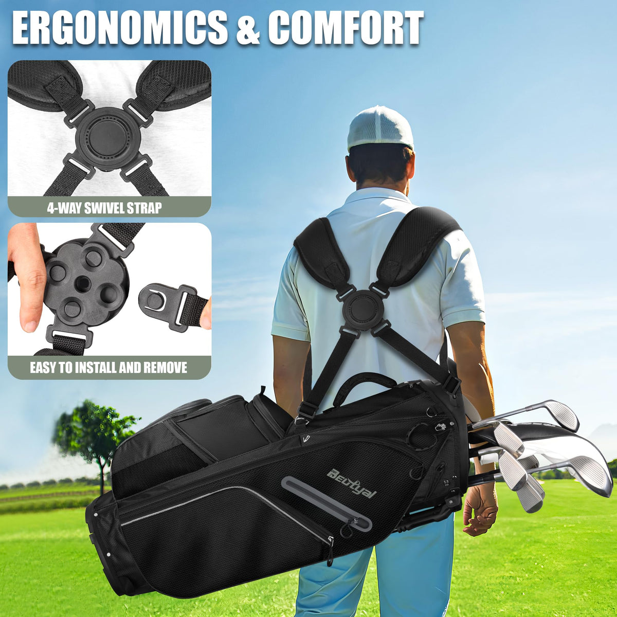 Beutyal oversized-base stand bag stays stable on uneven terrain.