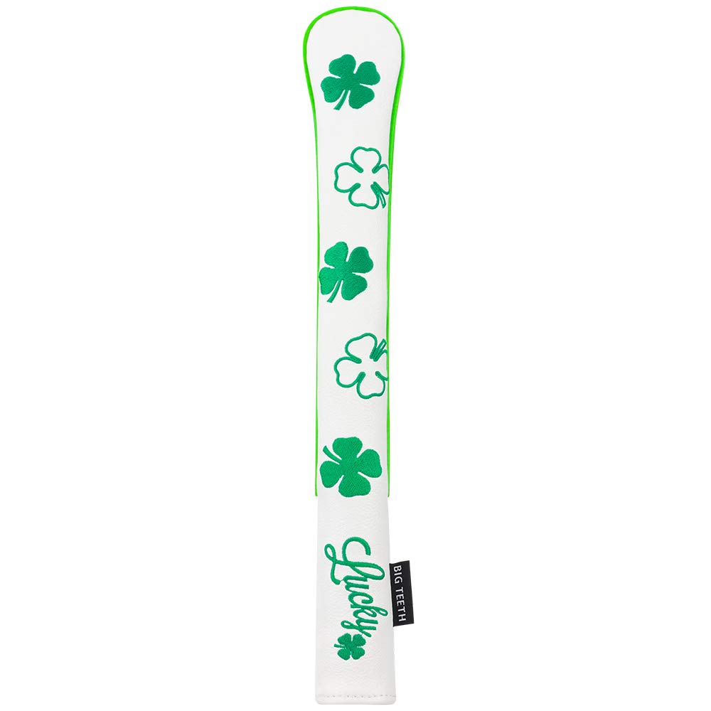 BIG TEETH golf alignment stick covers in white with lucky clover pattern, protecting sticks