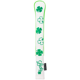 BIG TEETH golf alignment stick covers in white with lucky clover pattern, protecting sticks