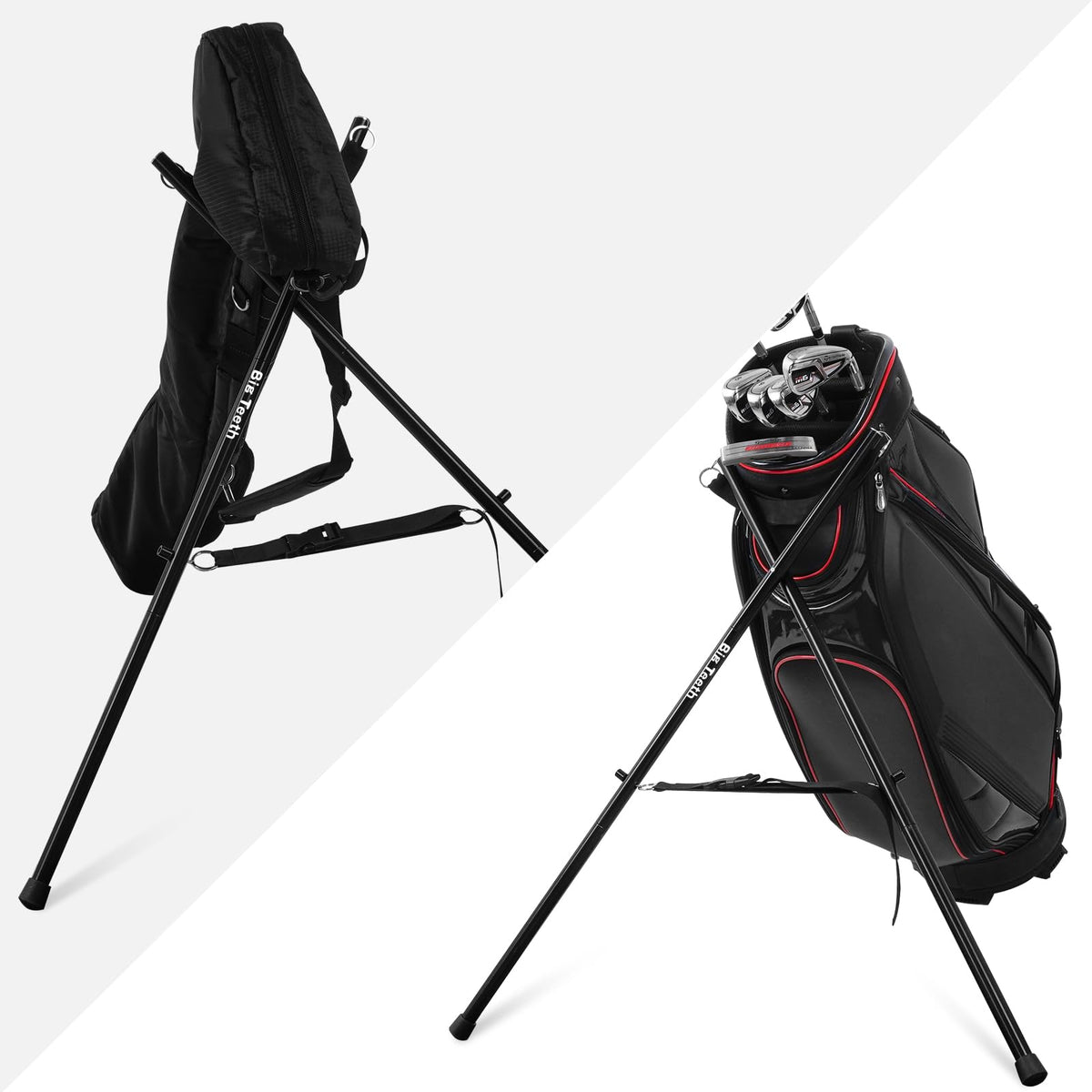 Big Teeth Golf Bag Stand Attachment provides easy access to clubs at the range.
