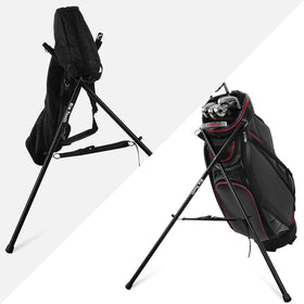 Big Teeth Golf Bag Stand Attachment provides easy access to clubs at the range.