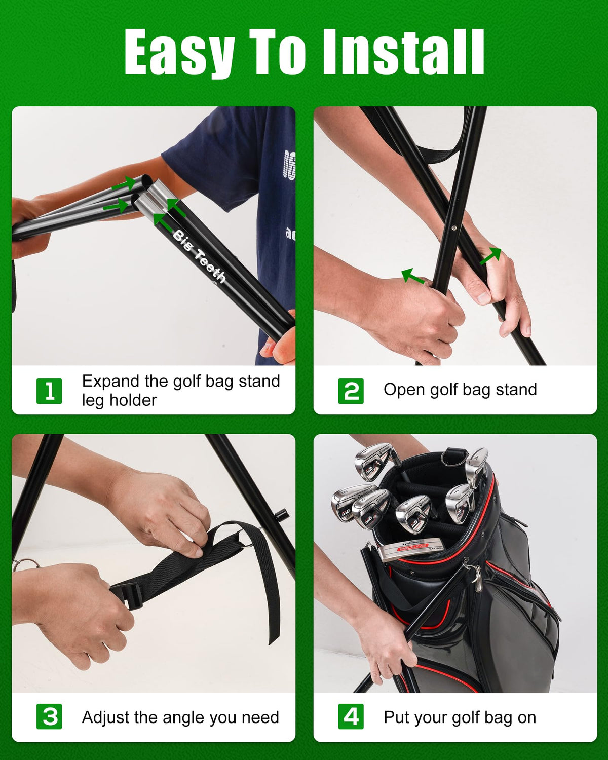 Big Teeth Golf Bag Stand Attachment adjustable buckle for personalized angle.