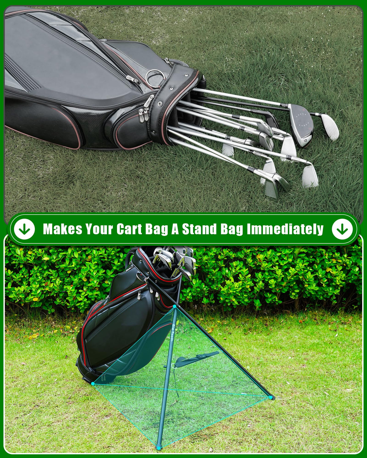Big Teeth Golf Bag Stand Attachment mounted on cart bag showcasing stability.