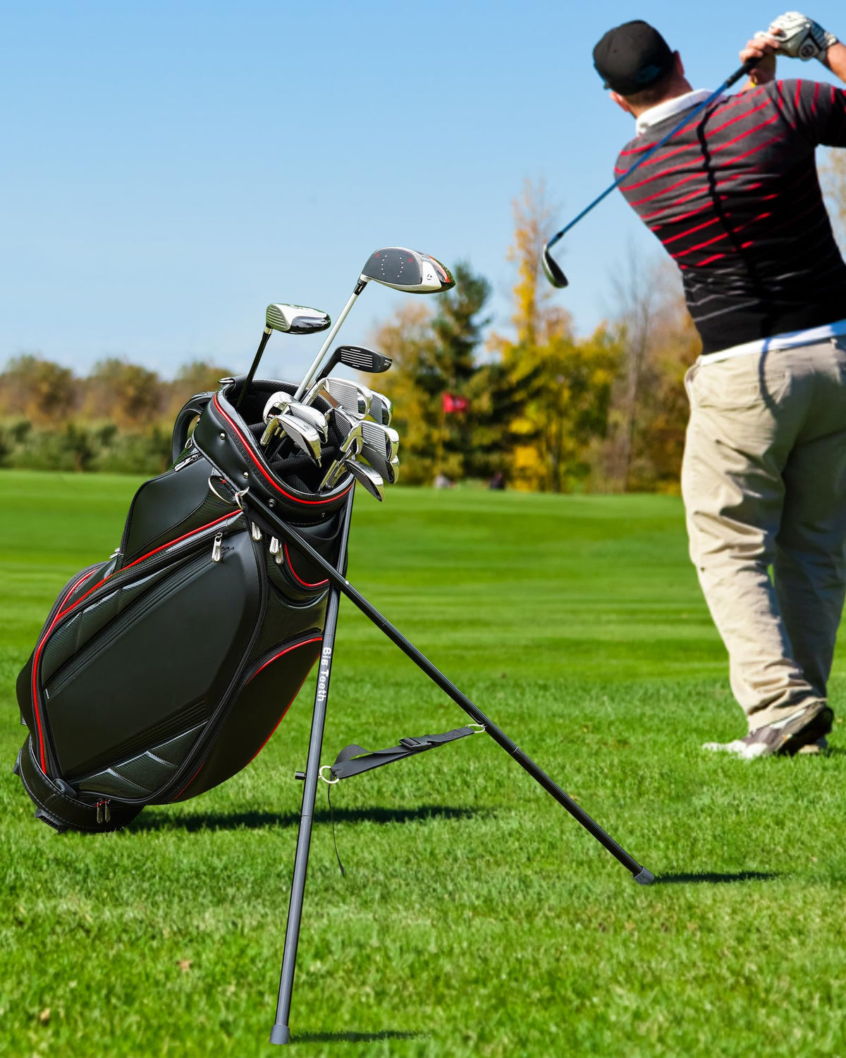 Big Teeth Golf Bag Stand Attachment versatile use with different bag styles.