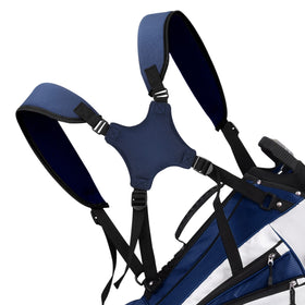 BIG TEETH golf bag strap blue with padded shoulder for comfort.