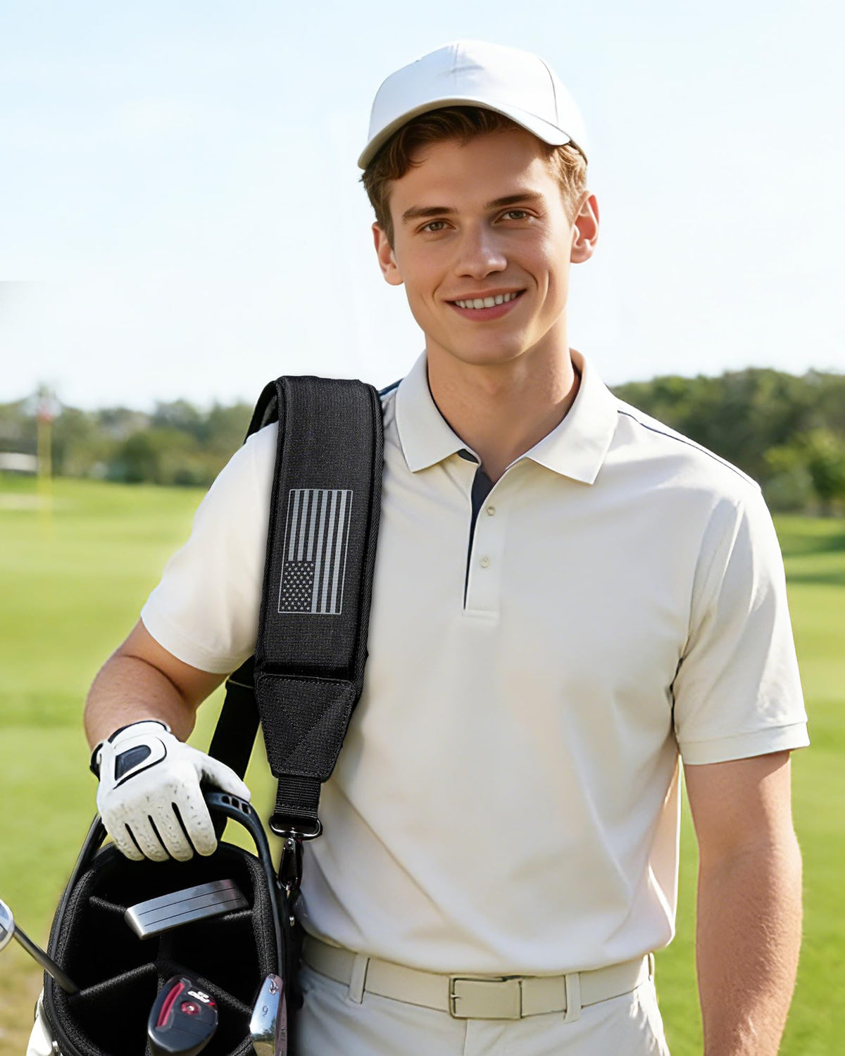 BIG TEETH golf bag strap clipping securely to D-rings on a bag.